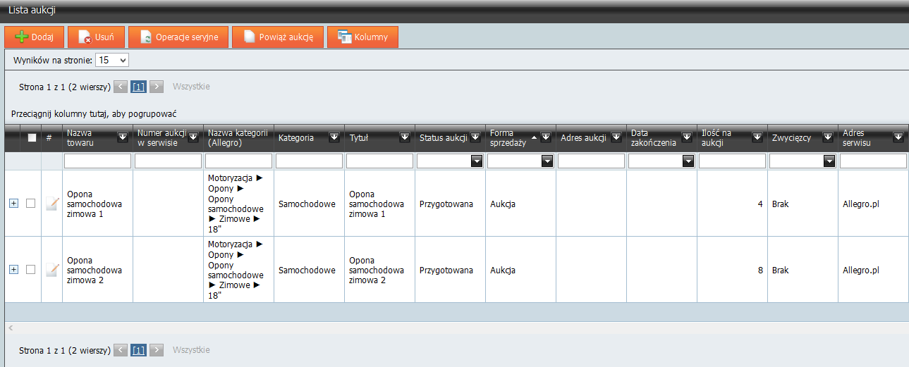 Rys. 73 Panel administracyjny, Pasaże i Serwisy aukcyjne, Allegro, Lista aukcji.