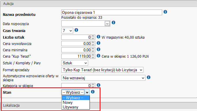 Uwaga: Formularz aukcji zawiera takie same obszary jak formularz tworzenia szablonu z podmenu Szablony.