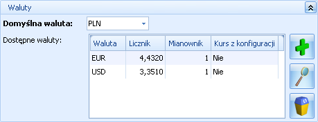 Domyślna waluta waluta, w jakiej będą prezentowane ceny w Comarch ERP e-sklep (domyślnie PLN). Użytkownik może wskazać dowolną walutę spośród zdefiniowanych w Konfiguracji programu/ Ogólne/ Waluty.