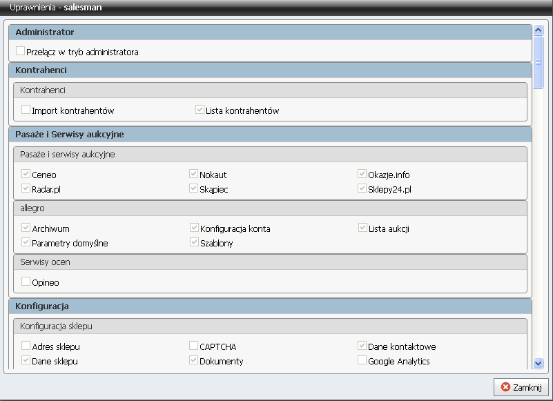 Rys. 108 Panel administracyjny, Konfiguracja, Konfiguracja sklepu, Administratorzy, uprawnienia salesmana.