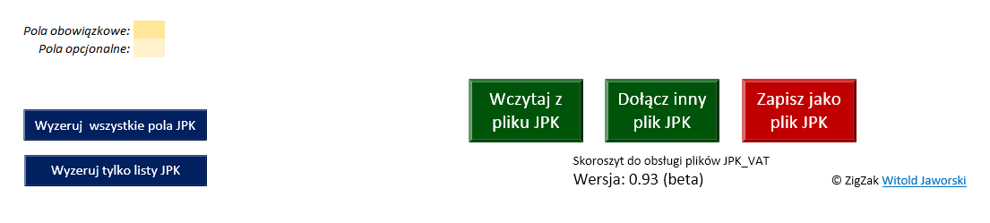 Poniżej pól nagłówka znajdują się wszystkie przyciski związane z obsługą JPK: Wczytywanie plików JPK Wczytywanie plików JPK Inne operacje pomocnicze Rysunek 4 Przyciski poleceń w arkuszu JPK-Nagłówek