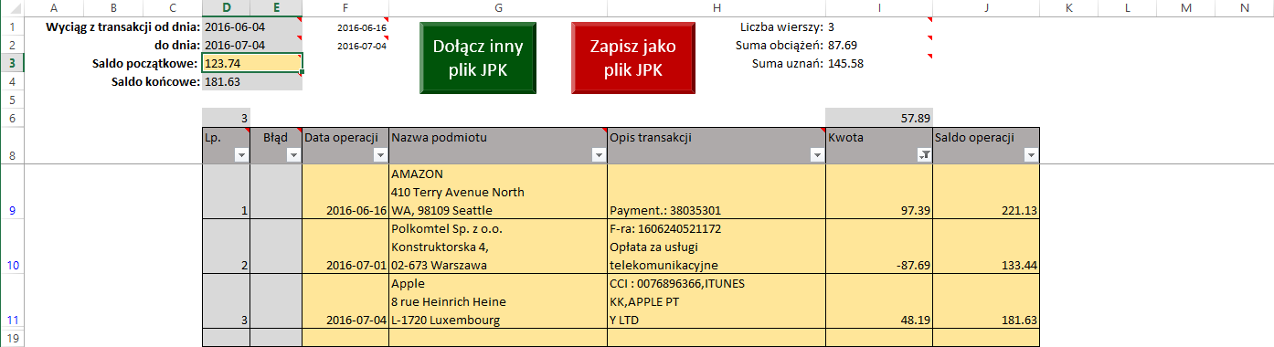 Drugi arkusz JPK-Wyciąg jest miejscem przeznaczonym na listę transakcji, które mają zostać przeniesione do pliku JPK. To pole trzeba wypełnić!