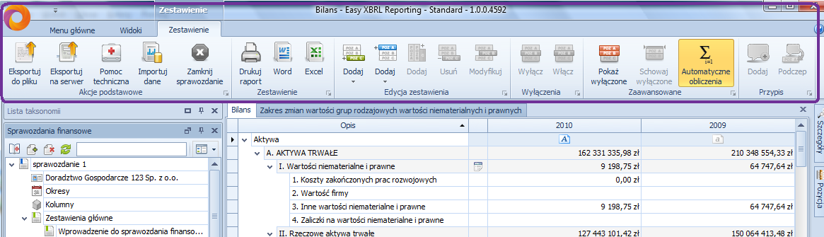 Rysunek 15. Interfejs pole Pozycja zwinięte/rozwinięte. - Zestawienie (Rys. 16) menu funkcji przeznaczonych do tworzenia sprawozdao finansowych.