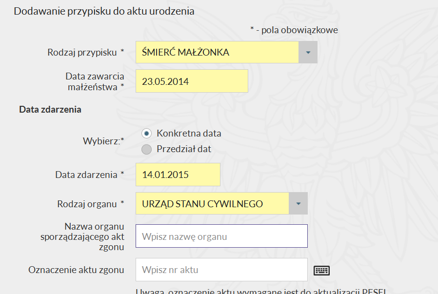 W przykładzie poniżej. w polach opis Rodzaj organu i nazwa organu sporządzającego akt zgonu jest błędna.