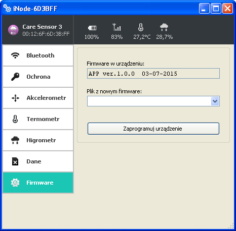 Po wybraniu zakładki Firmware pojawi się następujące okienko: W polu Firmware w urządzeniu wyświetlana jest wersja firmware znajdująca się w urządzeniu i data jego utworzenia.