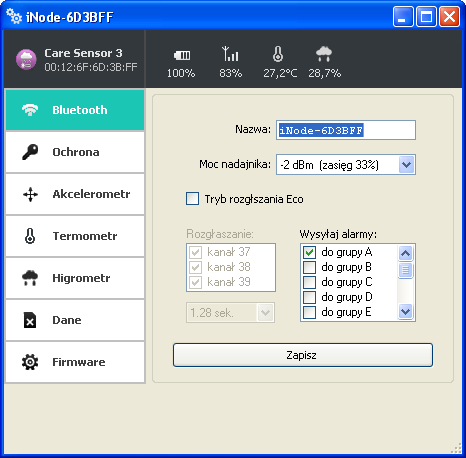 Na górnej belce okienka po wybraniu zakładki Bluetooth są wyświetlone w kolejności od lewej: nazwa rodziny urządzeń inode w tym przypadku inode Care Sensor #3 unikalny identyfikator urządzenia poziom