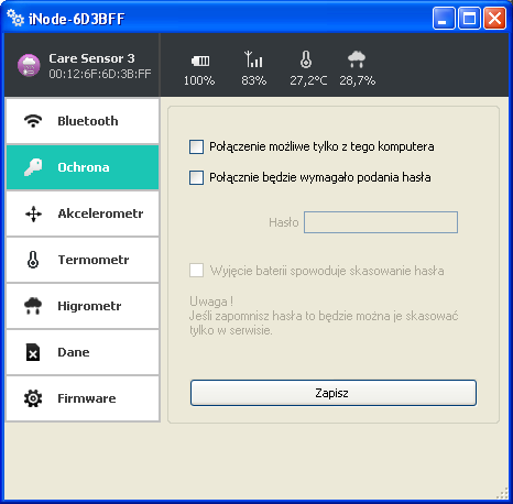 Po wybraniu zakładki Ochrona pojawi się następujące okienko: W polach: Połączenie tylko z tego komputera: możemy zabezpieczyć się przed połączeniem się z inode Care Sensor #3 z innego komputera lub