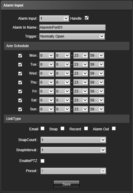 4.17 Wejścia alarmowe Przejdź do Setup Alarm Input aby wyświetlić konfigurację wejść alarmowych. Alarm Input Wybierz numer wejścia alarmowego.