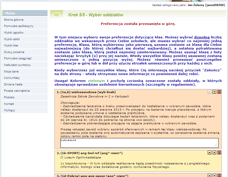 Rysunek 4 a tak wybierzesz oddziały/klasy (kolejność jest bardzo ważna). Szkoła, prowadząca oddział, który wybrałeś jako pierwszy, to tzw. szkoła pierwszego wyboru.