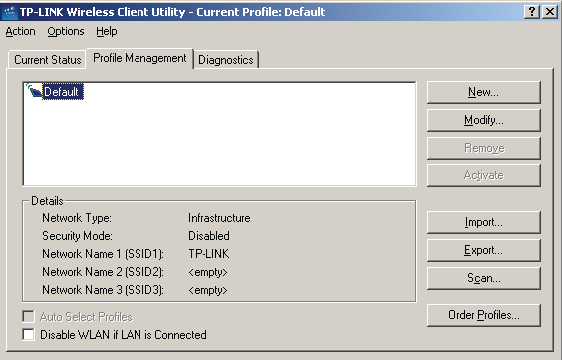 5.2 Zakładka Profile Management Zakładka Profile Management słuŝy do zarządzania profilami połączeń. Profil połączenia stanowi pewien zbiór ustawień, z jakimi karta łączy się z innymi urządzeniami.