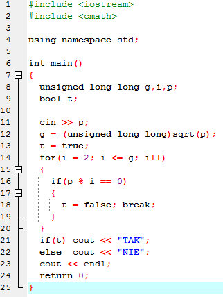 Program odczytuje w pierwszym wierszu liczbę p, a w drugim wierszu wypisuje słowo TAK, jeśli liczba p jest pierwsza lub NIE w przypadku przeciwnym.