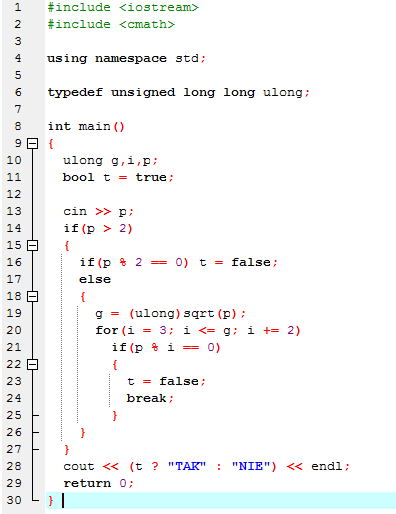 Program odczytuje w pierwszym wierszu liczbę p, a w drugim wierszu