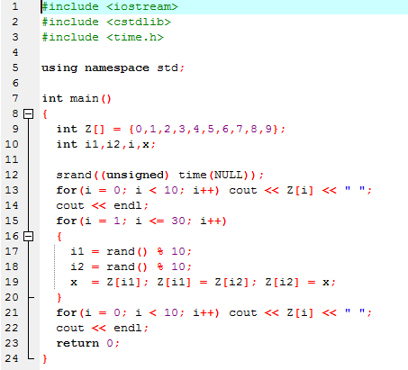 Program tasuje tablicę 10 elementów całkowitych o kolejnych wartościach od 0 do