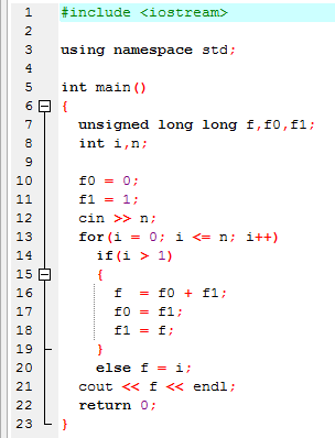 Program odczytuje z pierwszego wiersza numer n liczby Fibonacciego, a w następnym wierszu wyświetla jej wartość.