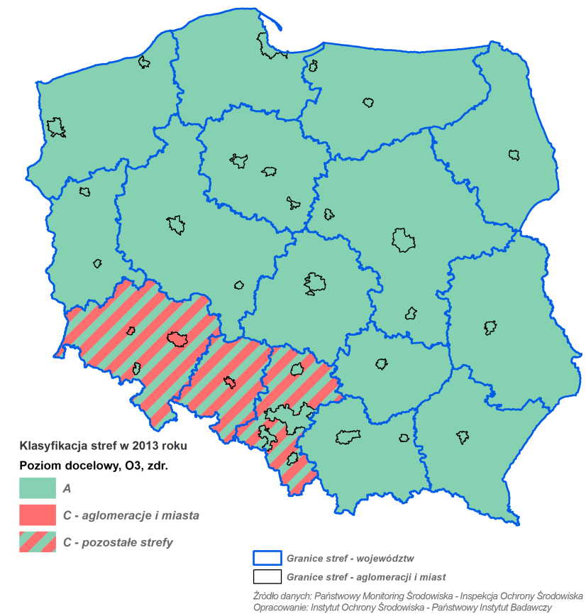 Wyniki oceny W rocznej ocenie jakości powietrza dotyczącej ozonu, pod kątem dotrzymania poziomu docelowego określonego w celu ochrony zdrowia, podstawą klasyfikacji jest liczba dni ze stężeniem