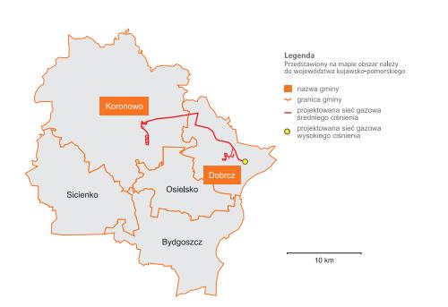 Na teren gminy przesyłany jest gaz ziemny wysokometanowy typu E (dawniej GZ 50). Miejscowości do których dociera na obecnie sieć gazowa to: Koronowo. Rys.