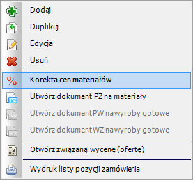 Zamawianie materiałów Wszystkie operacje związane z obsługą zamówienia dostępne są w oknie Zamówienia od odbiorców.