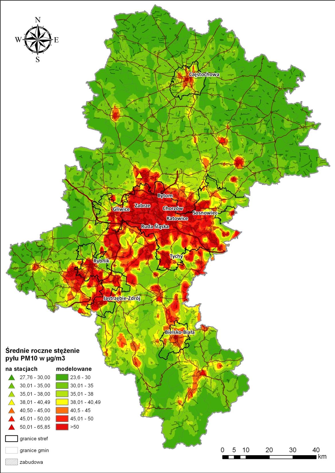 Obszary narażenia na wysokie stężenia - pył PM10 stężenie średnioroczne Strefa ochrony powietrza