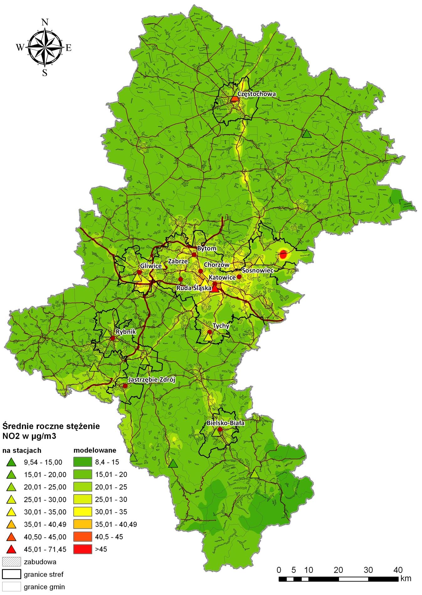 Obszary narażenia na wysokie stężenia - dwutlenek azotu stężenie średnioroczne Strefa ochrony powietrza Powierzchnia obszaru