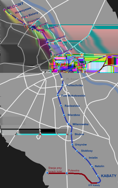 Fot. Propozycja przedłużenia 1. linii metra po torze technicznym. Oprac. A. Fularz na mapie z domeny publicznej, cc wikimedia. Link do mapy przedłużenia sieci: http://maps.google.co.