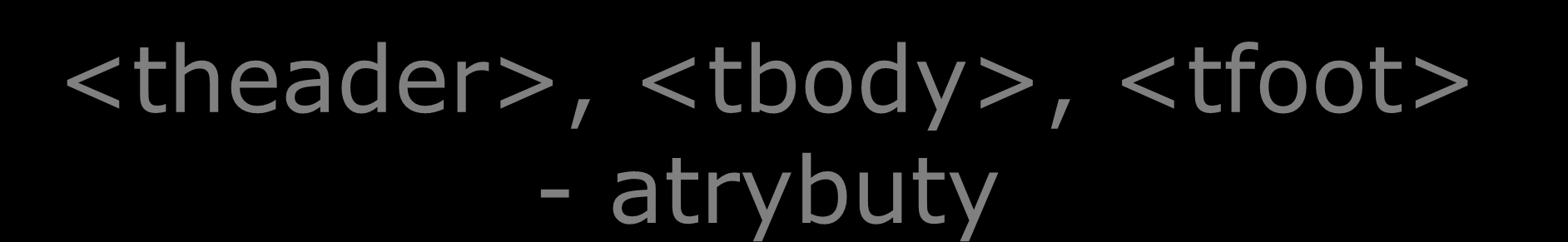 <theader>, <tbody>, <tfoot> - atrybuty align = right left center justify char valign = top middle bottom