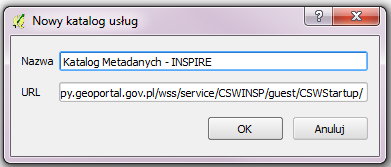 Rysunek 15- konfiguracja nowej usługi CSW ½ 4) Należy uzupełnić dane dostępowe do usługi : adres URL oraz nazwę połączenia. Za przykład posłużył krajowy Katalog Metadanych INSPIRE.