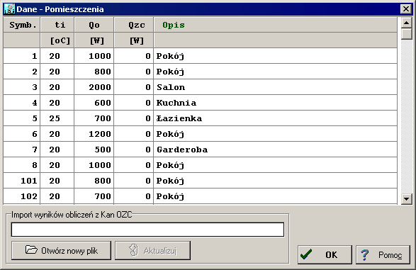 Kan CO Graf 36 Menu Dane 220, Wprowadzanie danych tabeli 153, Polecenie Obliczenia 222 34, Wprowadzanie danych w tabelach 150, Poruszanie się po 1015 Dane - Pomieszczenia - dialog Dane o