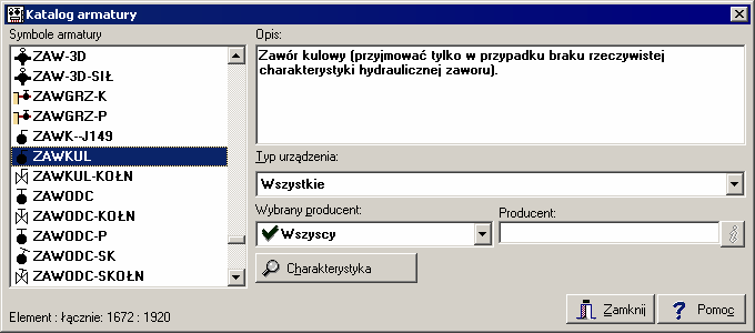 10 Załączniki 10124 Katalog armatury - dialog Dialog służy do wybór symbolu katalogowego armatury 370 umieszczanej na przewodach Dialog Katalog armatury Pola dialogu Symbole - lista Lista symboli