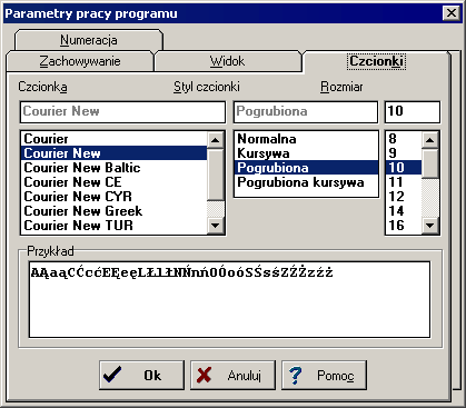 10 Załączniki Polecenie Parametry 228, dialog Parametry pracy program 307 101373Parametry pracy programu / Czcionki na ekranie - karta Karta Czcionki umożliwia wybór kroju, stylu i wielkości czcionki