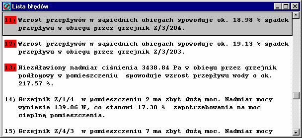 Kan CO Graf 36 Lista błędów z wyróżnionymi komunikatami informującymi o poważniejszych błędach Okno Lista błędów wyświetla ostrzeżenia i komunikaty zapisane w czasie obliczeń Do jej przeglądania