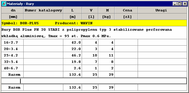 10 Załączniki 10310 Materiały - Rury - tabela Tabela zawiera zestawienia rur wykorzystanych w projektowanej instalacji Do jej wyświetlenia służy polecenie Rury 226 wywoływane z menu Wyniki 223 >