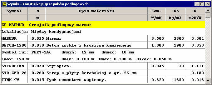 10 Załączniki 10316 Wyniki - Konstrukcje grzejników podłogowych - tabela Tabela zawiera konstrukcje grzejników podłogowych zdefiniowane w bieżącym projekcie Do jej wyświetlenia służy polecenie Konstr