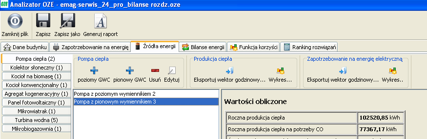 Obliczone wielkości mocy i rocznej produkcji ciepła w zdefiniowanej pompie ciepła wynikają z deklarowanej w danych wejściowych wielkości dostępnej powierzchni działki.