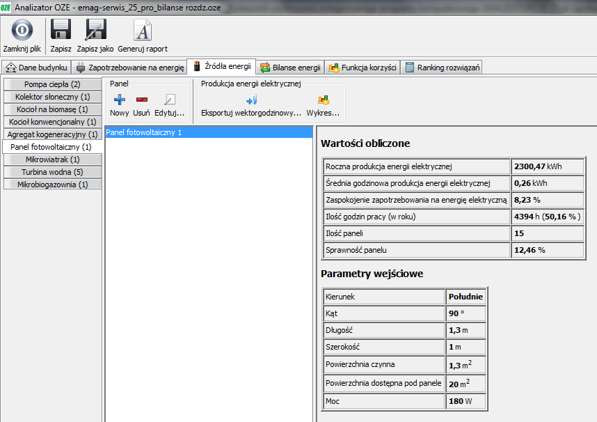 Po zatwierdzeniu wprowadzonych danych następuje przeliczenie ich w programie i wyświetlenie wielkości obliczonych i danych wejściowych dla analizowanego zestawu paneli fotowoltaicznych Panel