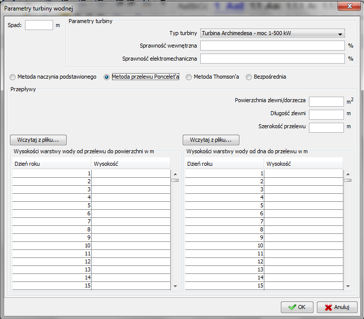 Rys. 3.3.8.4 Okno do wprowadzania danych w zakładce Turbina wodna - metoda przelewu Poncelet a Dla określenia przepływu metodą Thomson a (rys. 3.3.8.5) należy podać kąt przelewu oraz dla każdego z 365 dni roku wyznaczyć wysokość warstwy wody od przelewu do powierzchni w [m].
