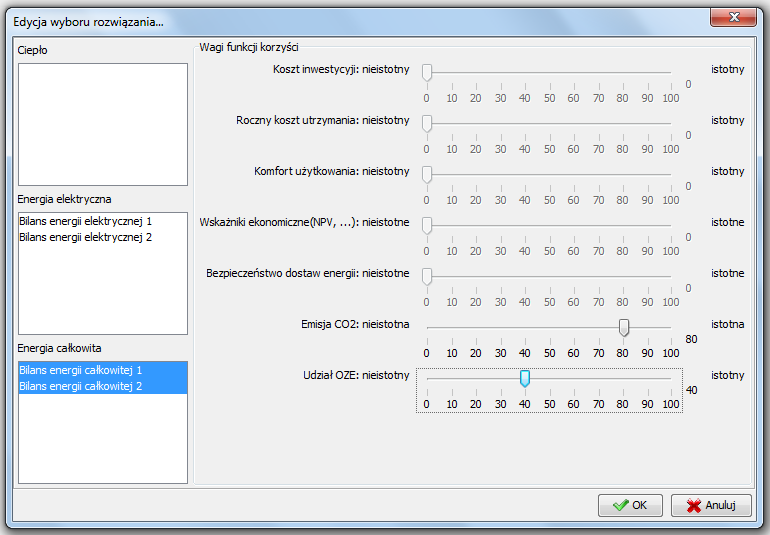 Następnie należy w jednym z pól po lewej stronie okna zaznaczyć bilanse energii, które maja być ze sobą porównywane oraz określić w procentach wartości wag wybranych kryteriów oceny.