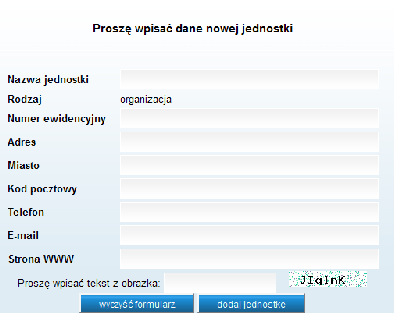 Wszystkie ZSS jednostek i Rady Mieszkańców są już w systemie, nie należy ich rejestrować. Po uzupełnieniu wszystkich pól kliknij dodaj jednostkę.