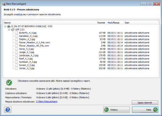 Ekran Proces zakończony 4 Ekran Proces zakończony W ekranie Proces zakończony wyświetlane są wszystkie odzyskane pliki. Ekran wskazuje również liczbę plików, których nie udało się odzyskać.