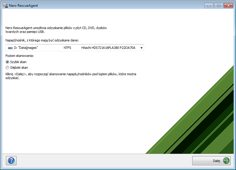 Ekran Start 2 Ekran Start W ekranie startowym Nero RescueAgent możesz wybrać nośnik danych, z którego mają być przywrócone dane. Masz również do wyboru skan szybki albo głęboki.