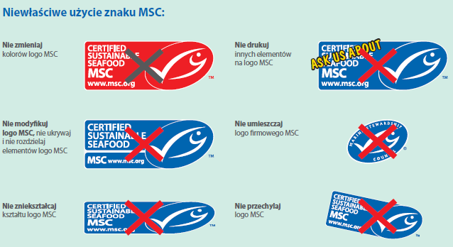 Niewłaściwe użycie 29 Niewłaściwe użycie Użytkownicy logo MSC musza zagwarantować, ze logo MSC i nazwa Marine Stewardship Council nigdy nie są wykorzystywane w sposób, który: