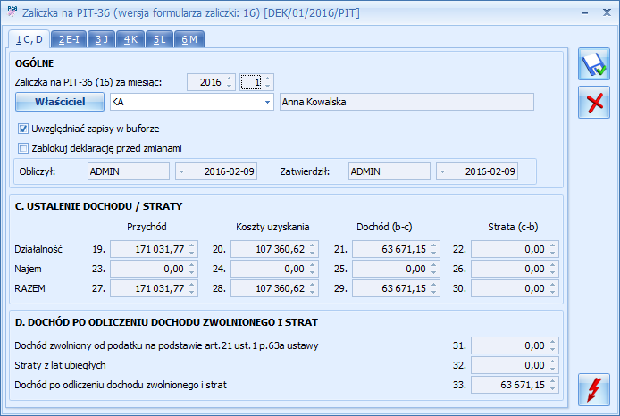 Rys 10. Zaliczka na PIT-36 Zaliczka na podatek dochodowy PIT-36/PIT-36L jest wyliczana na podstawie zapisów Księgi podatkowej oraz danych wprowadzonych na Karcie indywidualnych kwot danego podatnika.