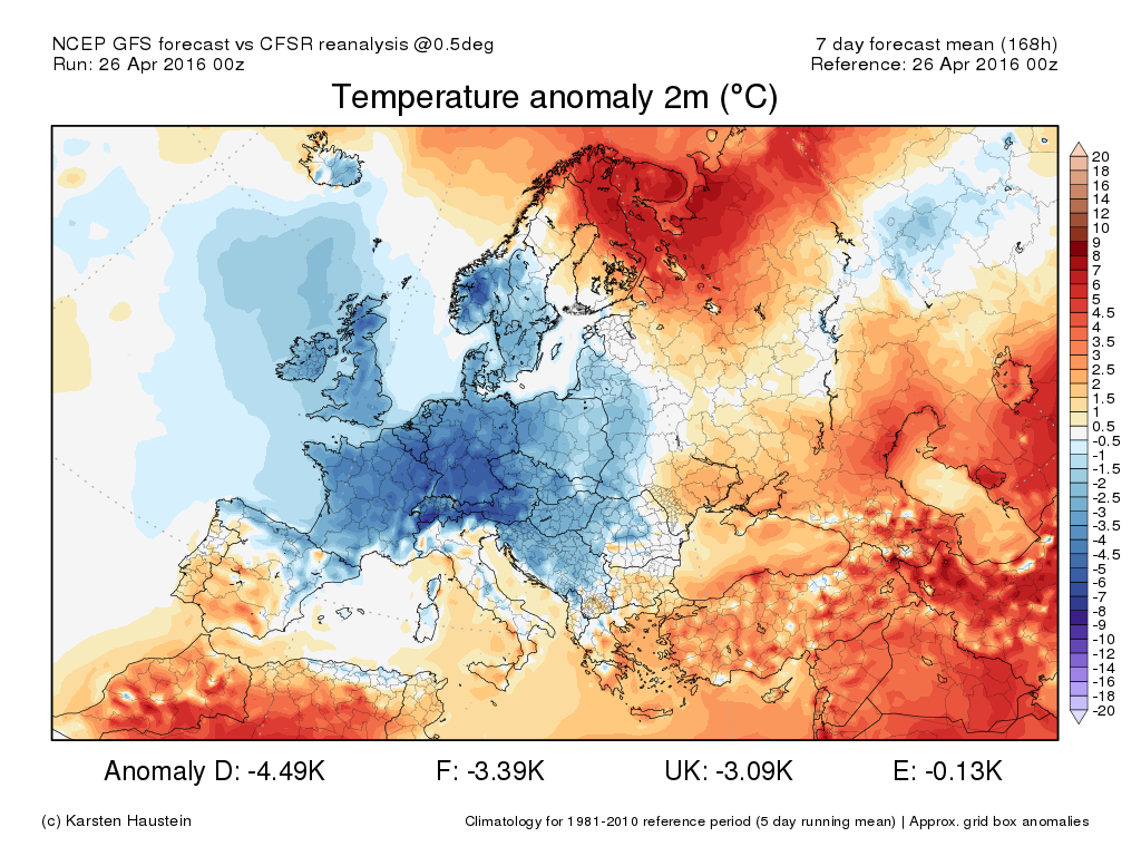Wg tego źródła średnia anomalia w Niemczech miałaby wynieść -4.5K. Na tym tle Polska wypada nie najgorzej. Jedno z najbardziej intensywnych wiosennych ochłodzeń tego typu nawiedziło nasz kraj w 1941.