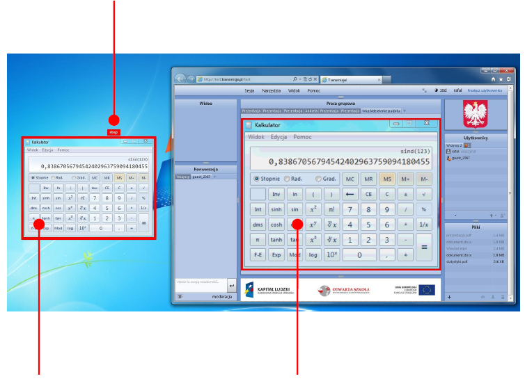 Zastosowanie współdzielenia ekranu w praktyce Po wybraniu z ekranu opcji np. okno aplikacji wskazujemy myszką i klikamy na oknie jakiejś uruchomionej aplikacji, np. kalkulator Windows.