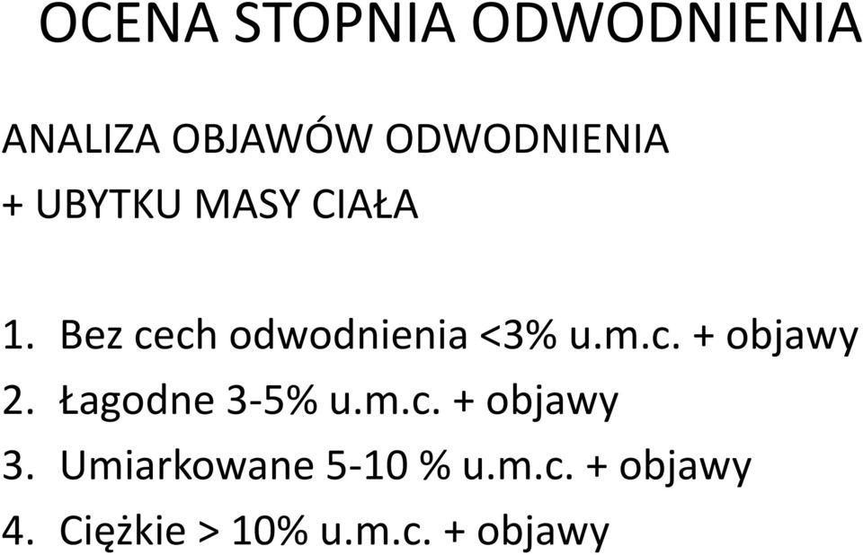 Łagodne 3-5% u.m.c. + objawy 3. Umiarkowane 5-10 % u.m.c. + objawy 4.