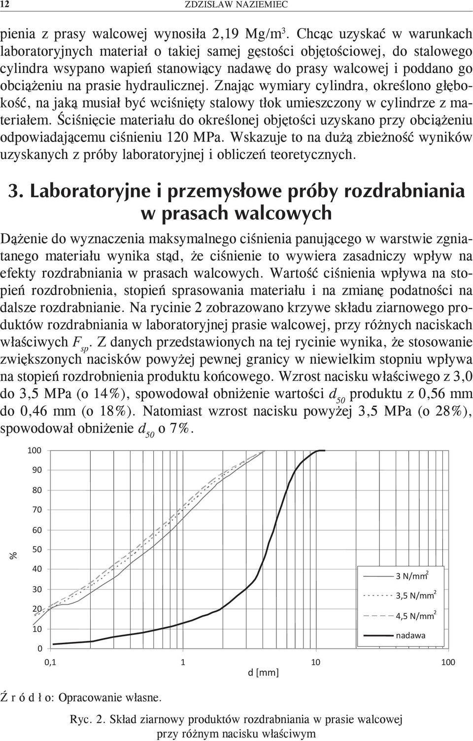 hydraulicznej. Znając wymiary cylindra, określono głębokość, na jaką musiał być wciśnięty stalowy tłok umieszczony w cylindrze z materiałem.