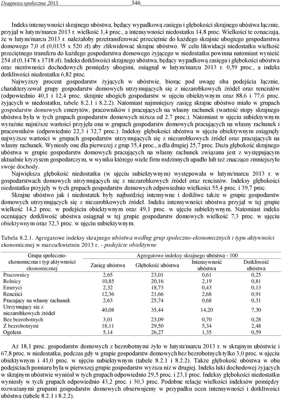 należałoby przetransferować przeciętnie do każdego skrajnie ubogiego gospodarstwa domowego 7,0 zł (0,0135 x 520 zł) aby zlikwidować skrajne ubóstwo.