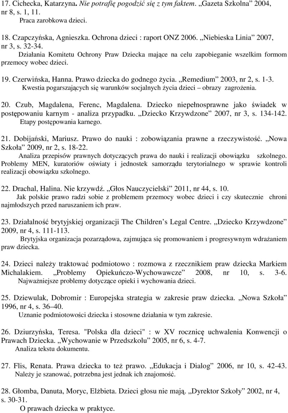 Remedium 2003, nr 2, s. 1-3. Kwestia pogarszających się warunków socjalnych życia dzieci obrazy zagrożenia. 20. Czub, Magdalena, Ferenc, Magdalena.