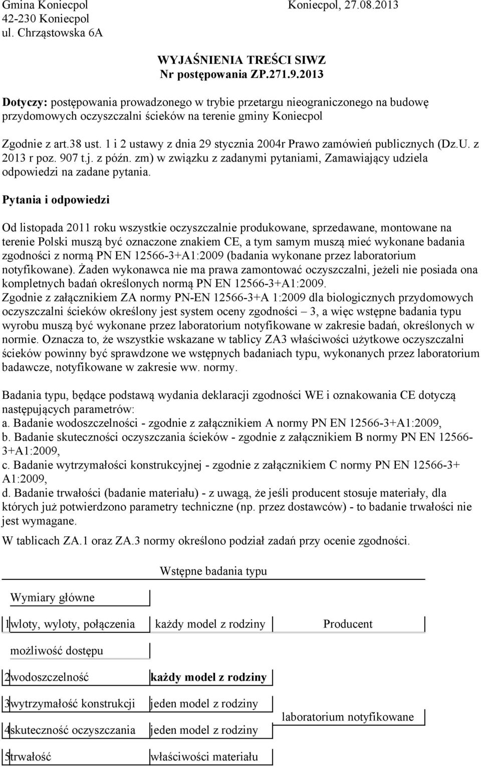 1 i 2 ustawy z dnia 29 stycznia 2004r Prawo zamówień publicznych (Dz.U. z 2013 r poz. 907 t.j. z późn. zm) w związku z zadanymi pytaniami, Zamawiający udziela odpowiedzi na zadane pytania.