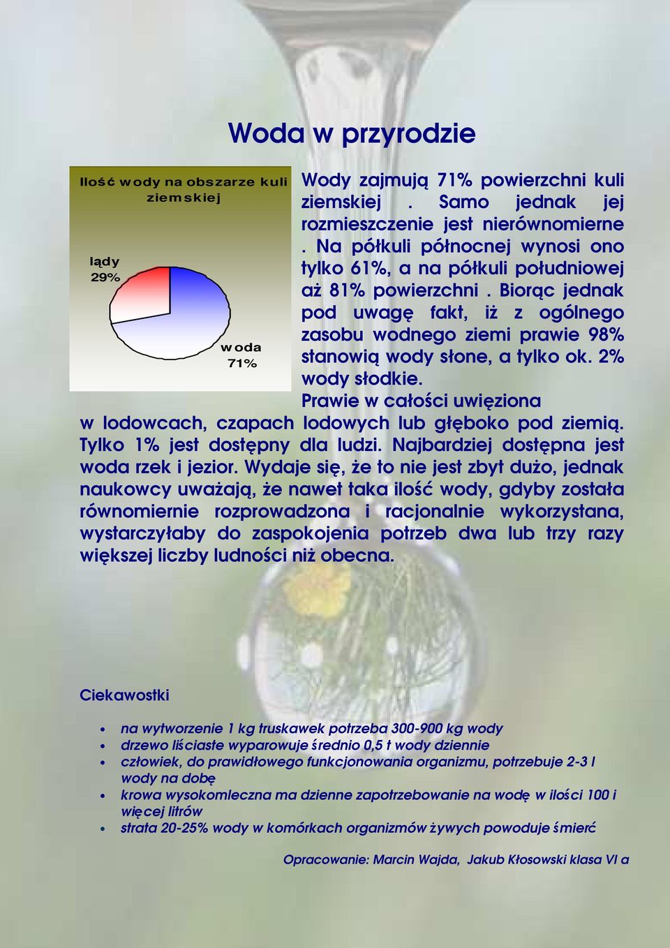 2% wody słodkie. Prawie w całości uwięziona w lodowcach, czapach lodowych lub głęboko pod ziemią. Tylko 1% jest dostępny dla ludzi. Najbardziej dostępna jest woda rzek i jezior.