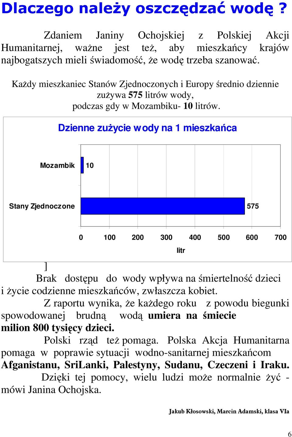 Dzienne zużycie wody na 1 mieszkańca Mozambik 10 Stany Zjednoczone 575 0 100 200 300 400 500 600 700 ] Brak dostępu do wody wpływa na śmiertelność dzieci i życie codzienne mieszkańców, zwłaszcza